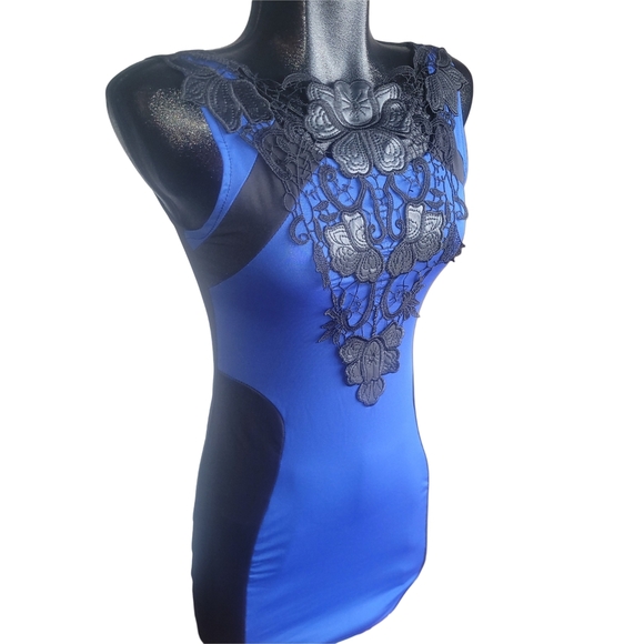 Blue and Black Sleeveless Dress with Lace Detailing S - Picture 2 of 5